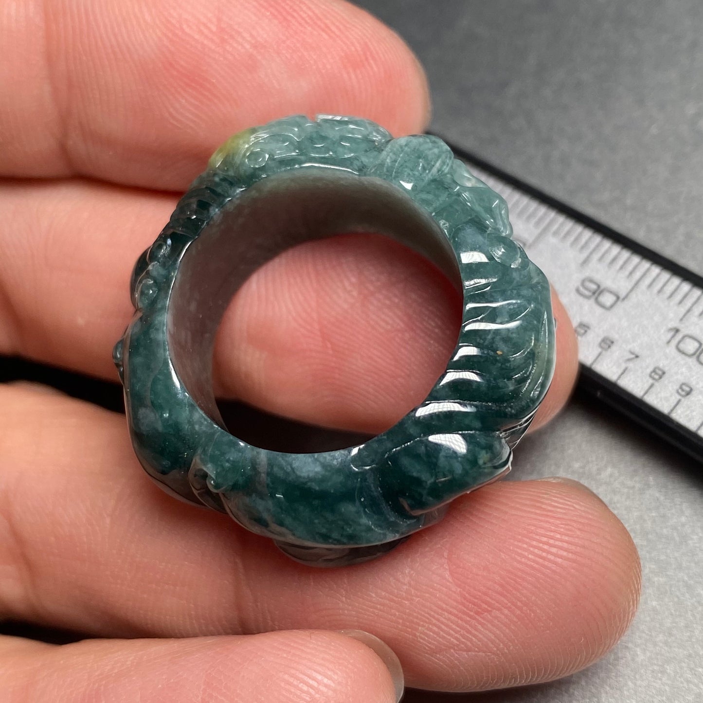 20.1mm Custom Carved dragon Grade A jade  Band Ring Natural yellow blue Jadeite Hand carved bead gemstone Lady jadeware gift