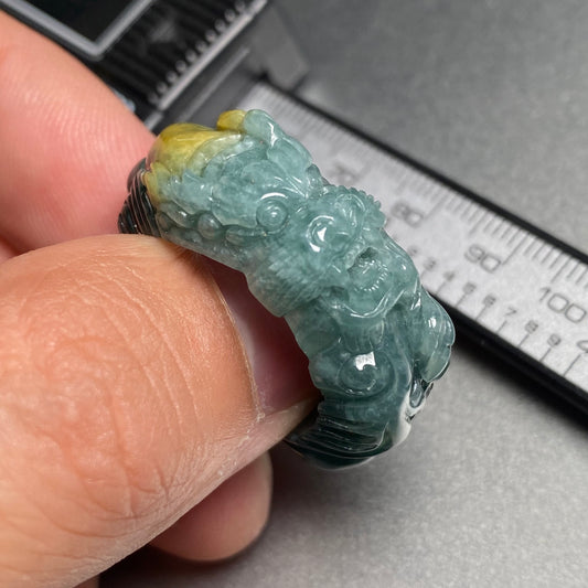 20.1mm Custom Carved dragon Grade A jade  Band Ring Natural yellow blue Jadeite Hand carved bead gemstone Lady jadeware gift