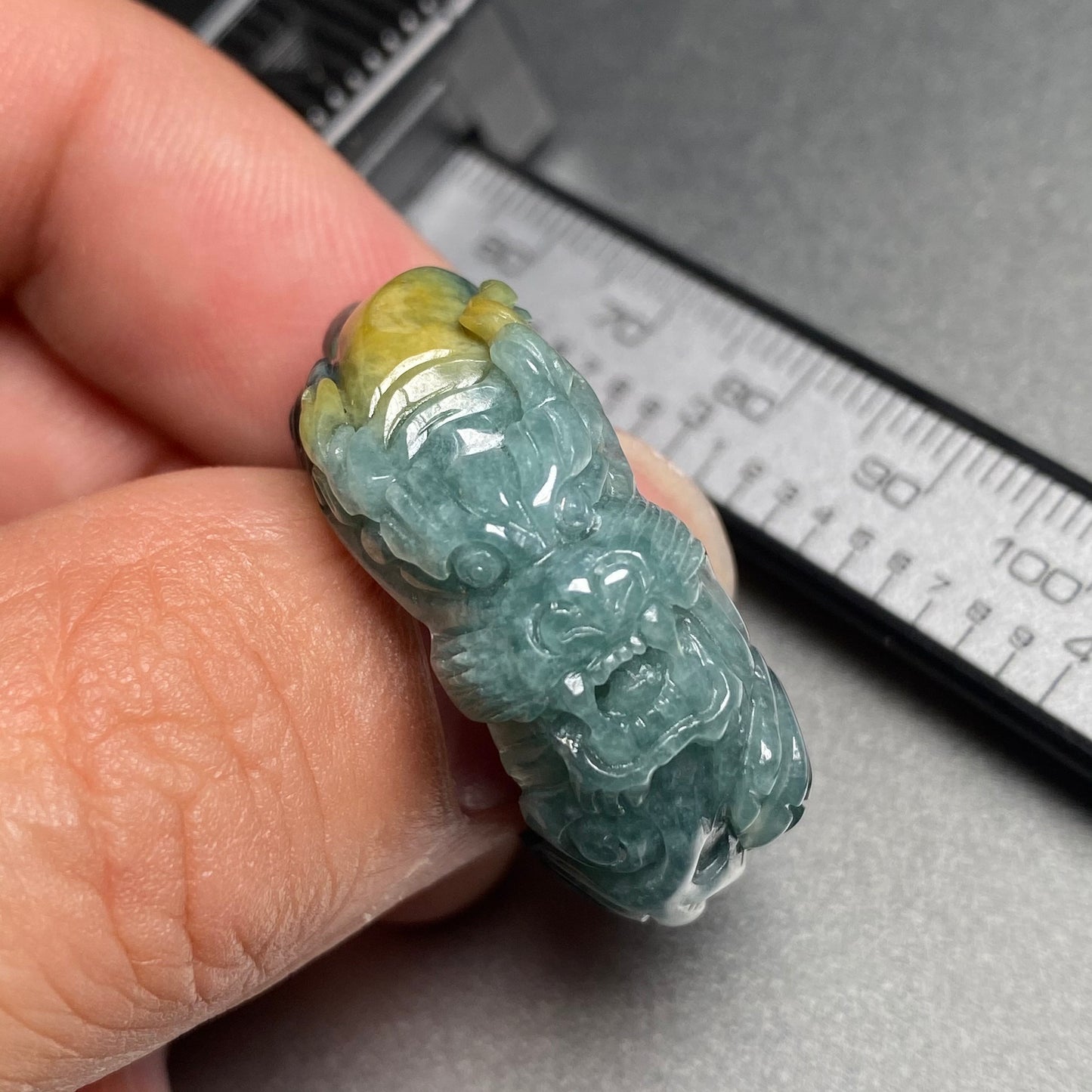 20.1mm Custom Carved dragon Grade A jade  Band Ring Natural yellow blue Jadeite Hand carved bead gemstone Lady jadeware gift