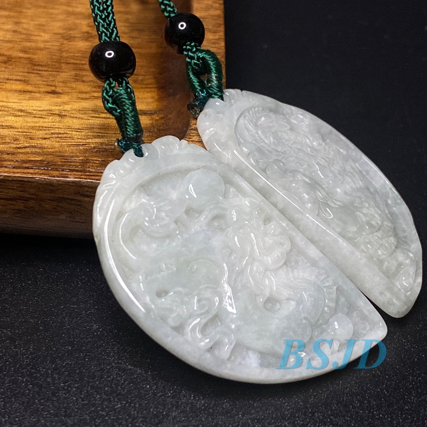 1 Paar Vintage Herzform Grade A Jade Gebrochenes Herz Drache und Phönix Grüne Jade ICE Jadeit Valentinstag Anhänger Le Retro