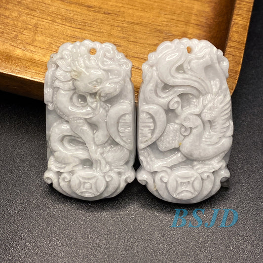 1pair Natural Grade A Jade dragon and phoenix Green ICE Burma Jadeite Chinese Carved Valentine's Day Pendant lover gift