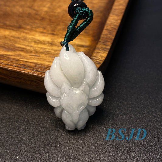 Nine-tailed fox Pendant Grade A jade Green Jade ICE Burma Jadeite Lucky cartoon beads Lady baby child necklace gift