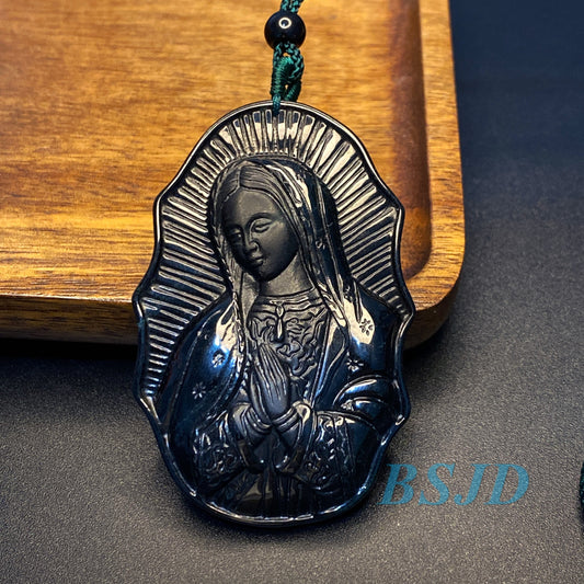 the Madonna Pendant Natural Black Grade A Jade goddess Black Mo jade Burma jade Holy Virgin Christian necklace