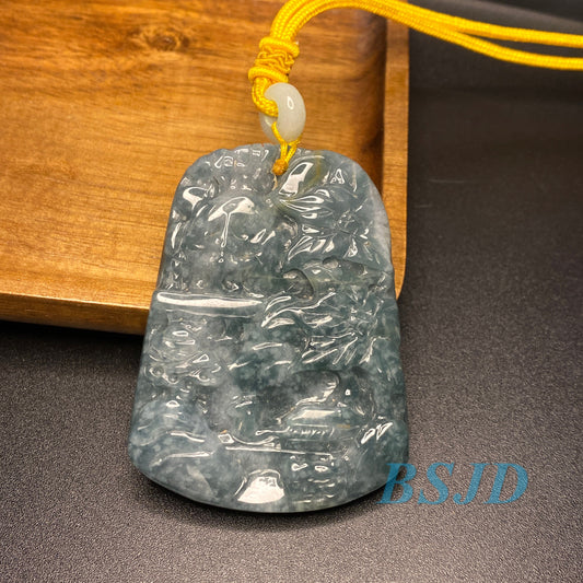 BSJD Wholesale Natural Blue Jadeite Grade A jade Landscape pendant scenery Mountain necklace jewelry jade gift