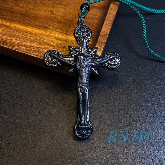 Crucifix Cross Pendant Natural Black Grade A Jade Good Polishing Pure Guatemala Burma jade Beads Christian necklace