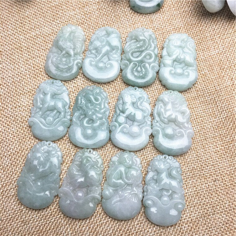 1Set Natural green Burma Jade Chinese Twelve Zodiac pendant Grade A Myanmar Jadeite beads Necklace Dragon RAT cow animal rooster tiger goat