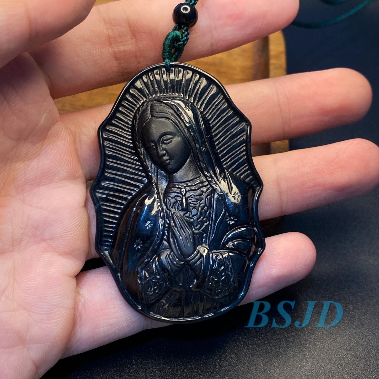 the Madonna Pendant Natural Black Grade A Jade goddess Black Mo jade Burma jade Holy Virgin Christian necklace