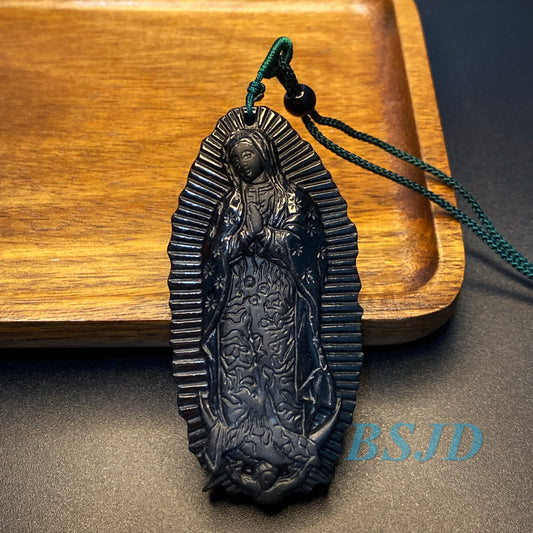 the Madonna Pendant Natural Black Grade A Jade goddess Black Mo jade Burma jade Holy Virgin Christian necklace