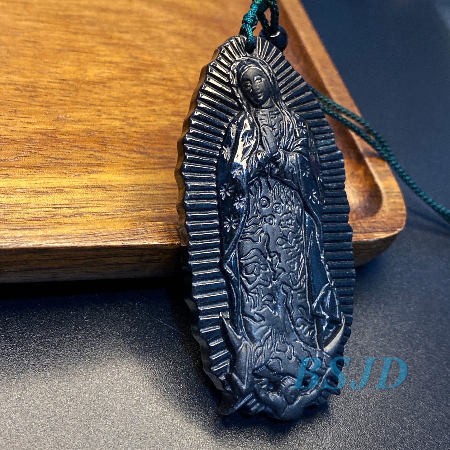 the Madonna Pendant Natural Black Grade A Jade goddess Black Mo jade Burma jade Holy Virgin Christian necklace