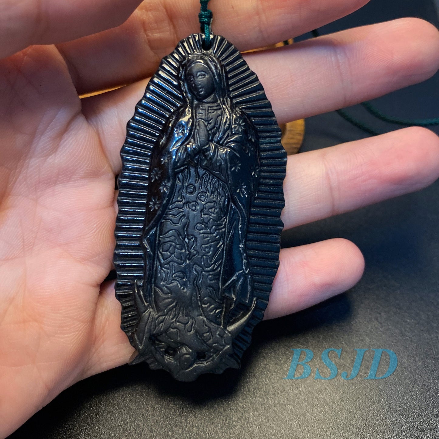 the Madonna Pendant Natural Black Grade A Jade goddess Black Mo jade Burma jade Holy Virgin Christian necklace