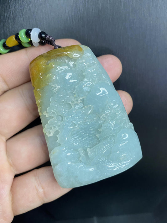 Natural Snowflakes Ice Jadeite Burma jade Translucent Grade A jade Landscape  pendant scenery necklace jewelry jade gift 天然翡翠山水牌