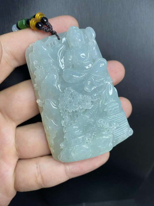 Natural Snowflakes Ice Jadeite Burma jade Translucent Grade A jade Landscape  pendant scenery necklace jewelry jade gift 天然翡翠山水牌