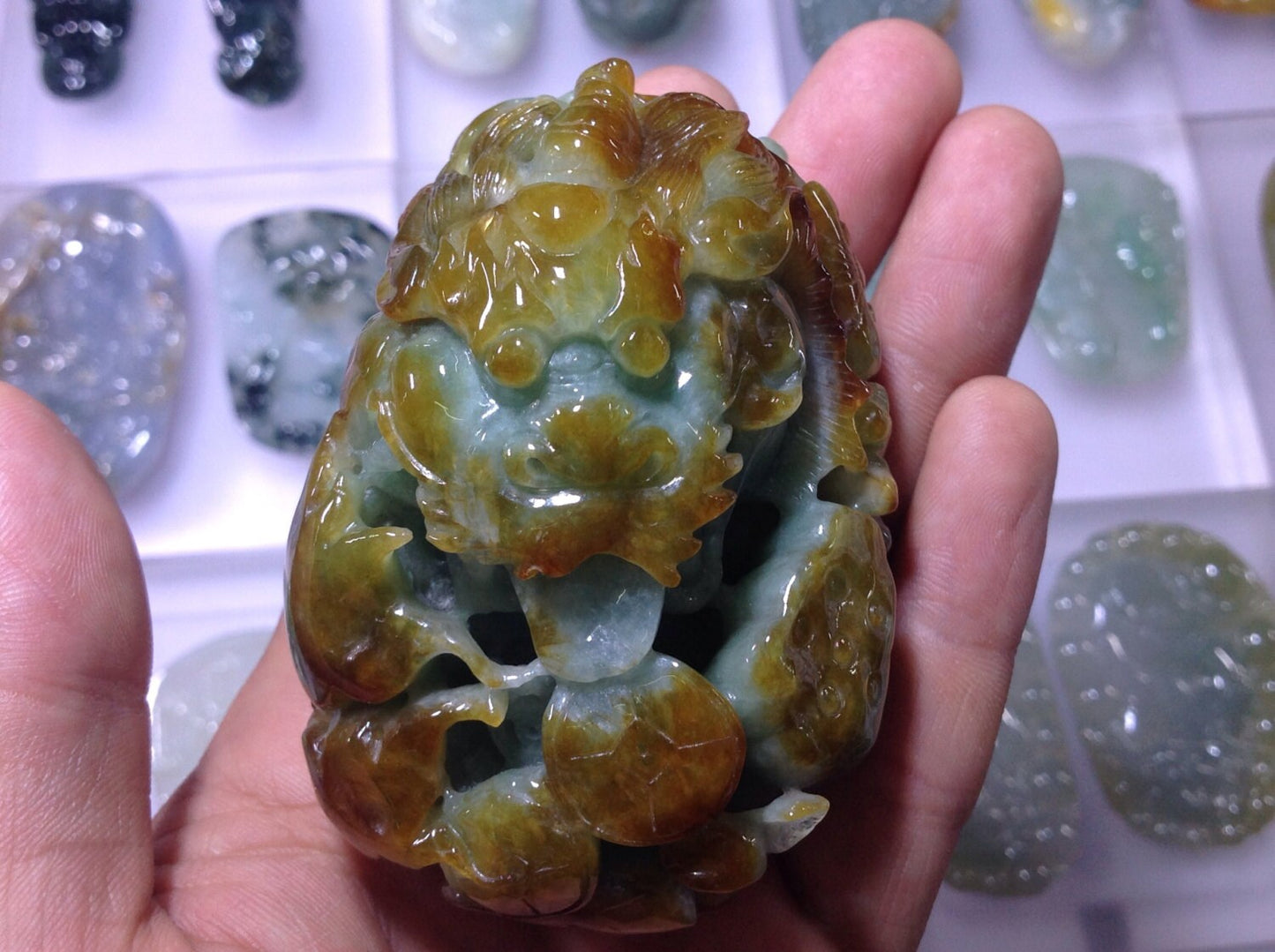 certified Jadeite jade hand piece light green ice yellow big pendant means money coming crave dragon