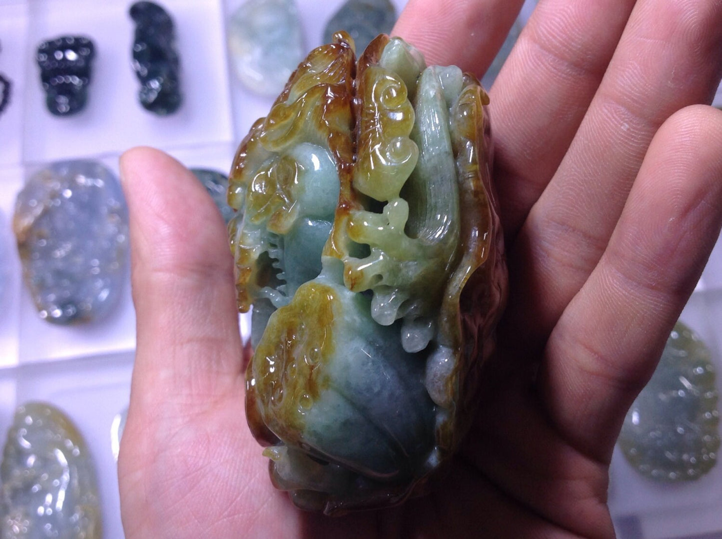 certified Jadeite jade hand piece light green ice yellow big pendant means money coming crave dragon