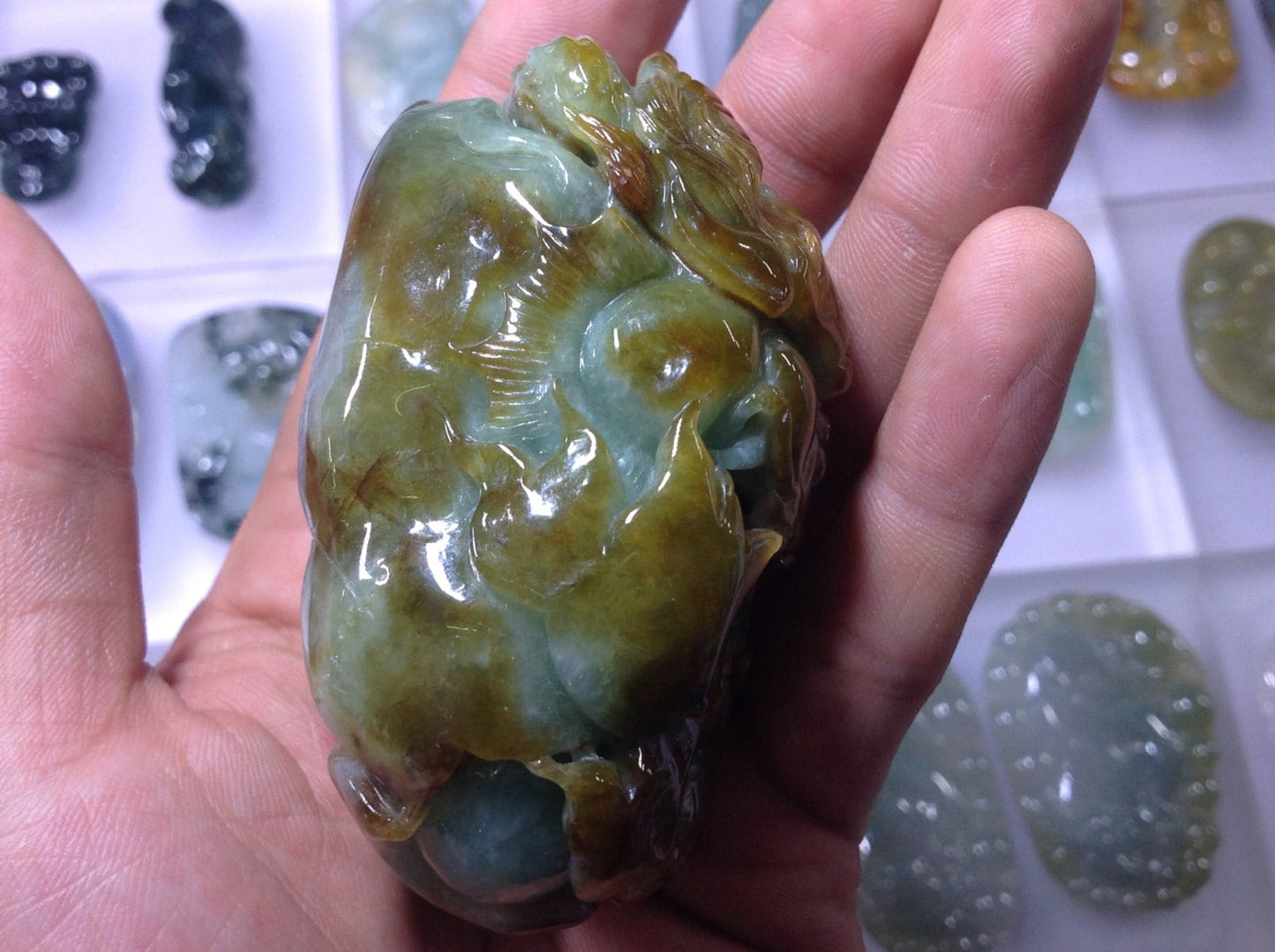 certified Jadeite jade hand piece light green ice yellow big pendant means money coming crave dragon