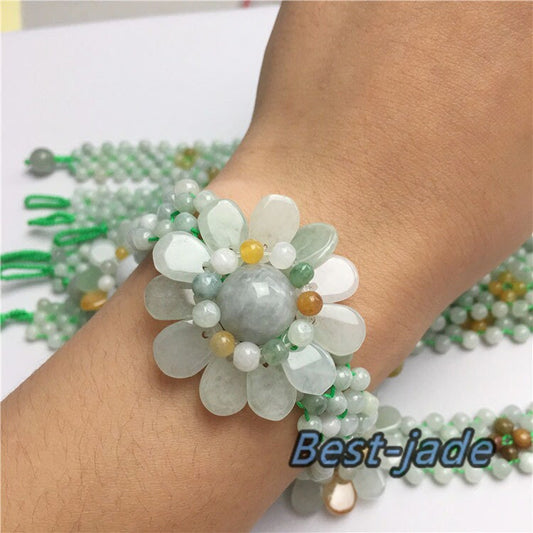 10PCS Flower beads Grade A Natural Jadeite Hand carved Jade bangle Bracelet Chain stone Armband n.  string rope Blume f.   fleur