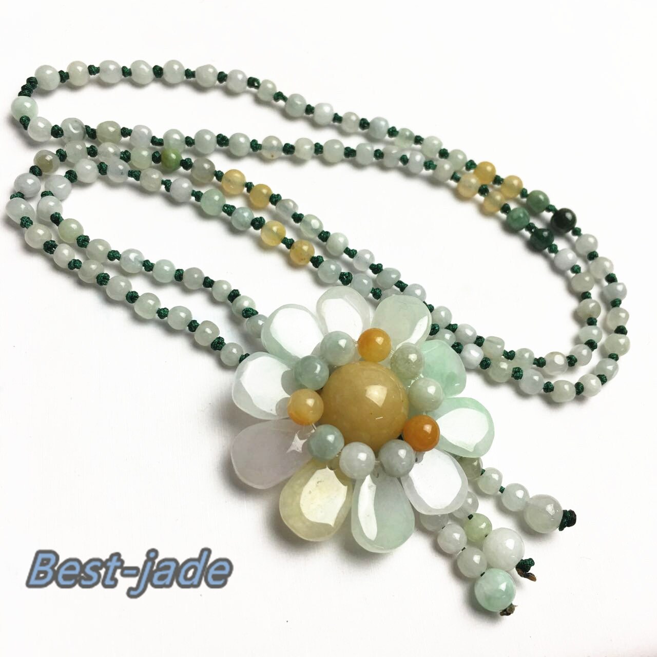 Certificated Flower Grade A Natural Jade et Hand carved Necklace Chain Jadeite Round bead gemstone Type A stone