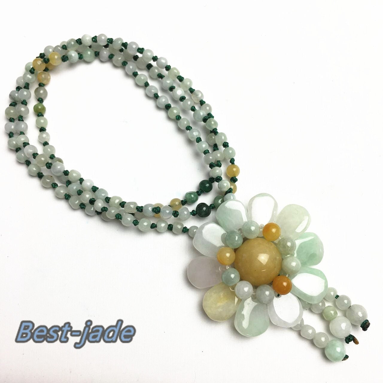 Certificated Flower Grade A Natural Jade et Hand carved Necklace Chain Jadeite Round bead gemstone Type A stone