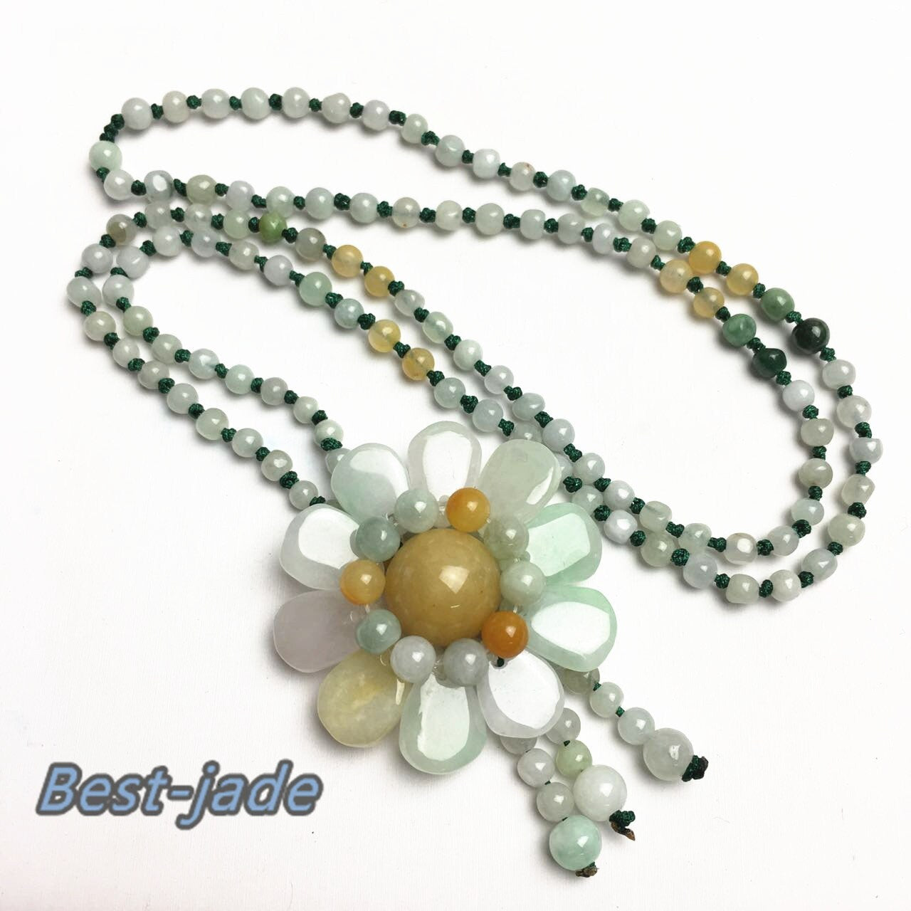 Certificated Flower Grade A Natural Jade et Hand carved Necklace Chain Jadeite Round bead gemstone Type A stone