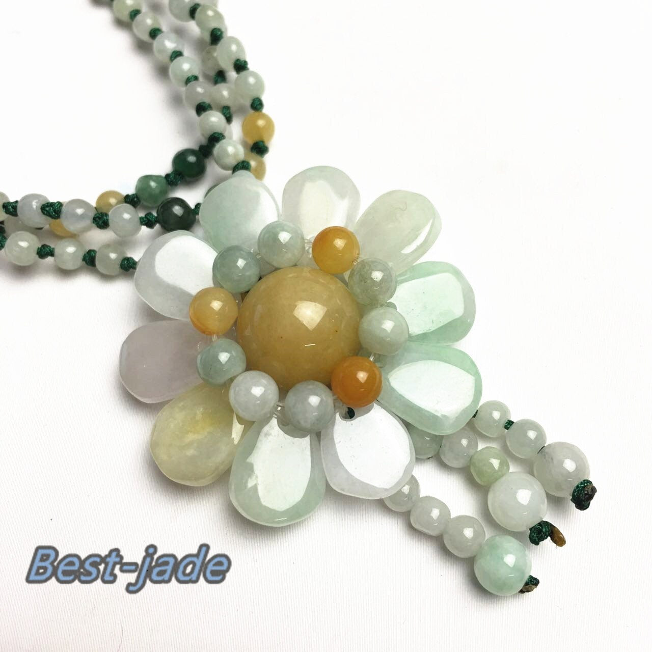 Certificated Flower Grade A Natural Jade et Hand carved Necklace Chain Jadeite Round bead gemstone Type A stone