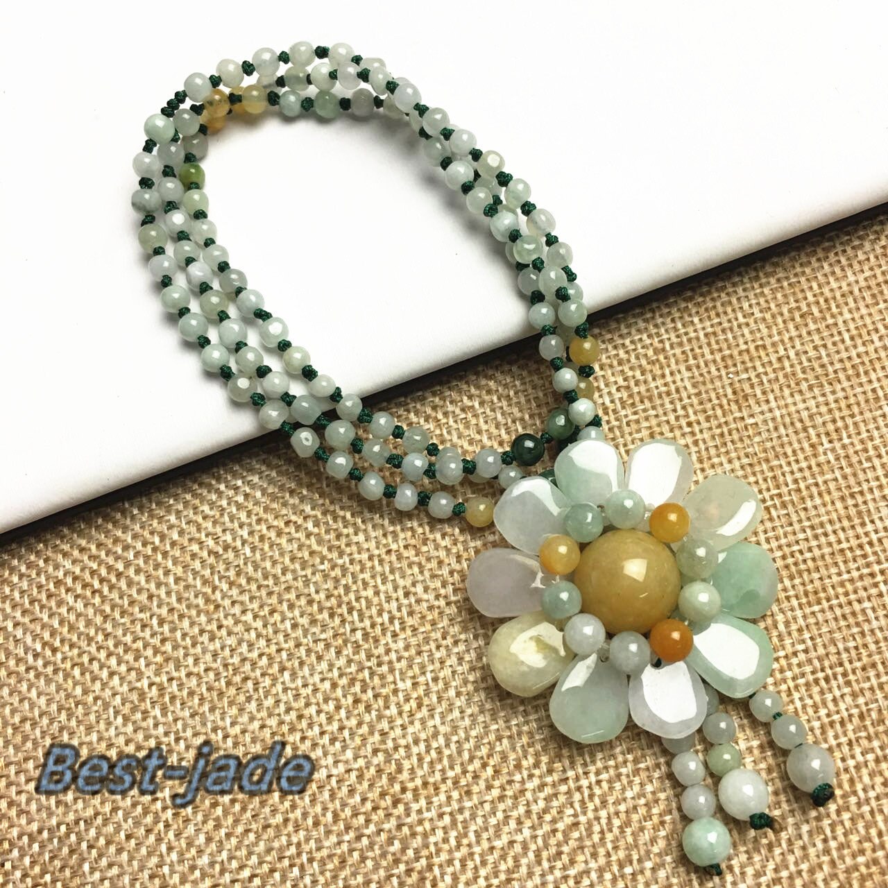 Certificated Flower Grade A Natural Jade et Hand carved Necklace Chain Jadeite Round bead gemstone Type A stone