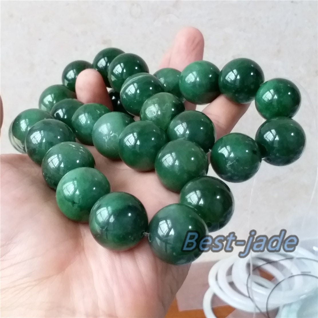 BIG 20mm Nephrite  Green Canadian Jade Beads Necklace Pounamu NZ Jade Jasper Ball Parure Men's Womrn lady Man chain