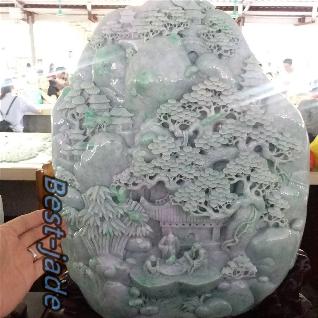 Exhibition Custom-made Sample Decoration Natural Grade A Green Burma Jade Jadeite  Hand craved cabbage A stone guanyin Buddha