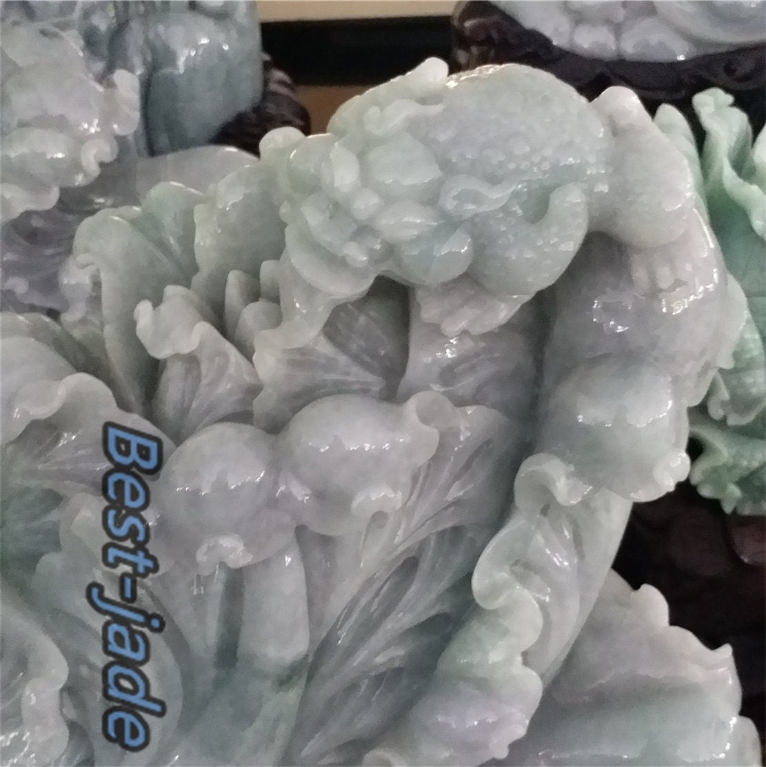 Exhibition Custom-made Sample Decoration Natural Grade A Green Burma Jade Jadeite  Hand craved cabbage A stone guanyin Buddha