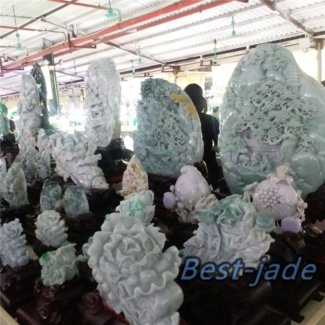 Exhibition Custom-made Sample Decoration Natural Grade A Green Burma Jade Jadeite  Hand craved cabbage A stone guanyin Buddha