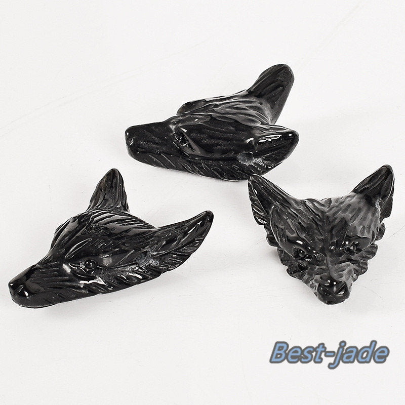 Natural Black obsidian Handmade Jasper Wolf Head Good carving DIY pendant baby lady necklace