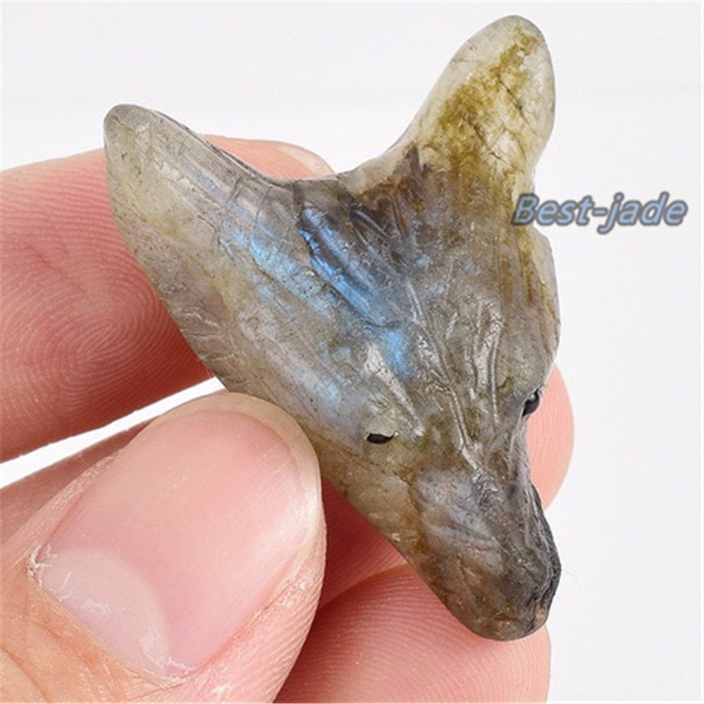 Natural labradorite Handmade Jasper Wolf Head Good carving DIY pendant baby lady necklace