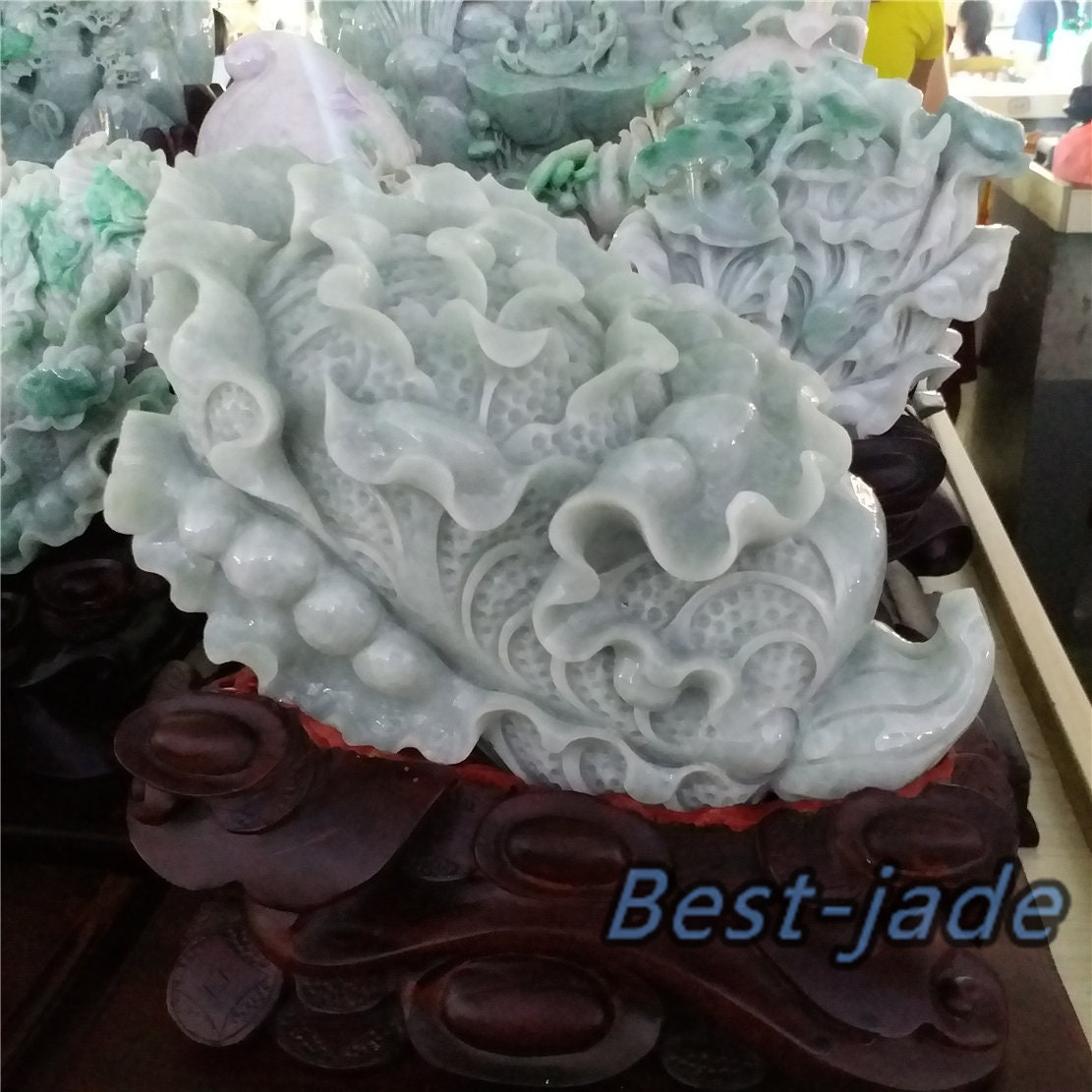 Exhibition Custom-made Sample Decoration Natural Grade A Green Burma Jade Jadeite  Hand craved cabbage A stone guanyin Buddha