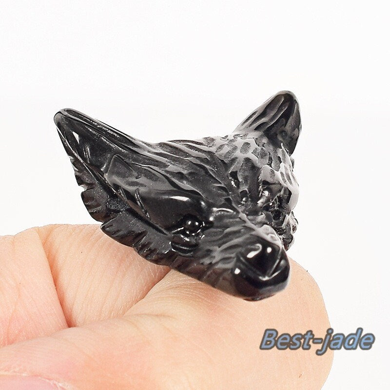 Natural Black obsidian Handmade Jasper Wolf Head Good carving DIY pendant baby lady necklace