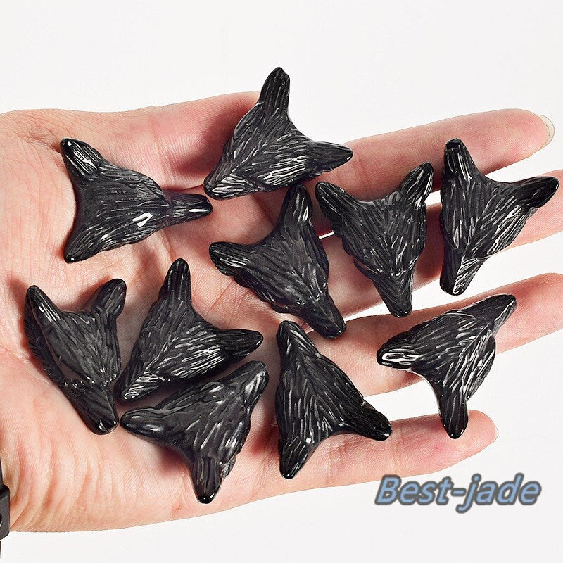 Natural Black obsidian Handmade Jasper Wolf Head Good carving DIY pendant baby lady necklace