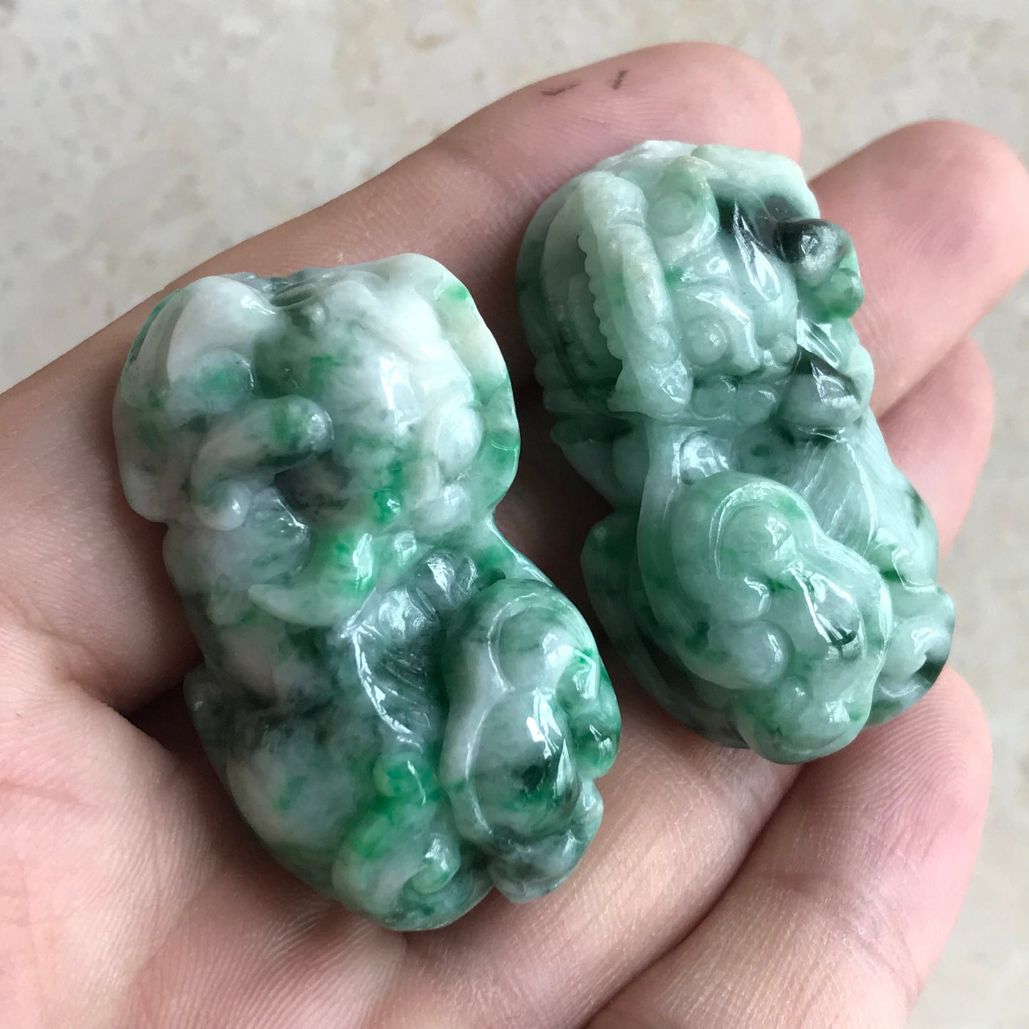 1pair Pixiu Grade A Jadeite Hand craved Natural ICE Green Burma jade Lady pendant BEADS Gemstone Ruyi Dragon Type A stone A