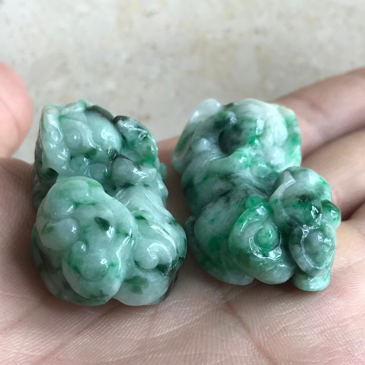 1pair Pixiu Grade A Jadeite Hand craved Natural ICE Green Burma jade Lady pendant BEADS Gemstone Ruyi Dragon Type A stone A