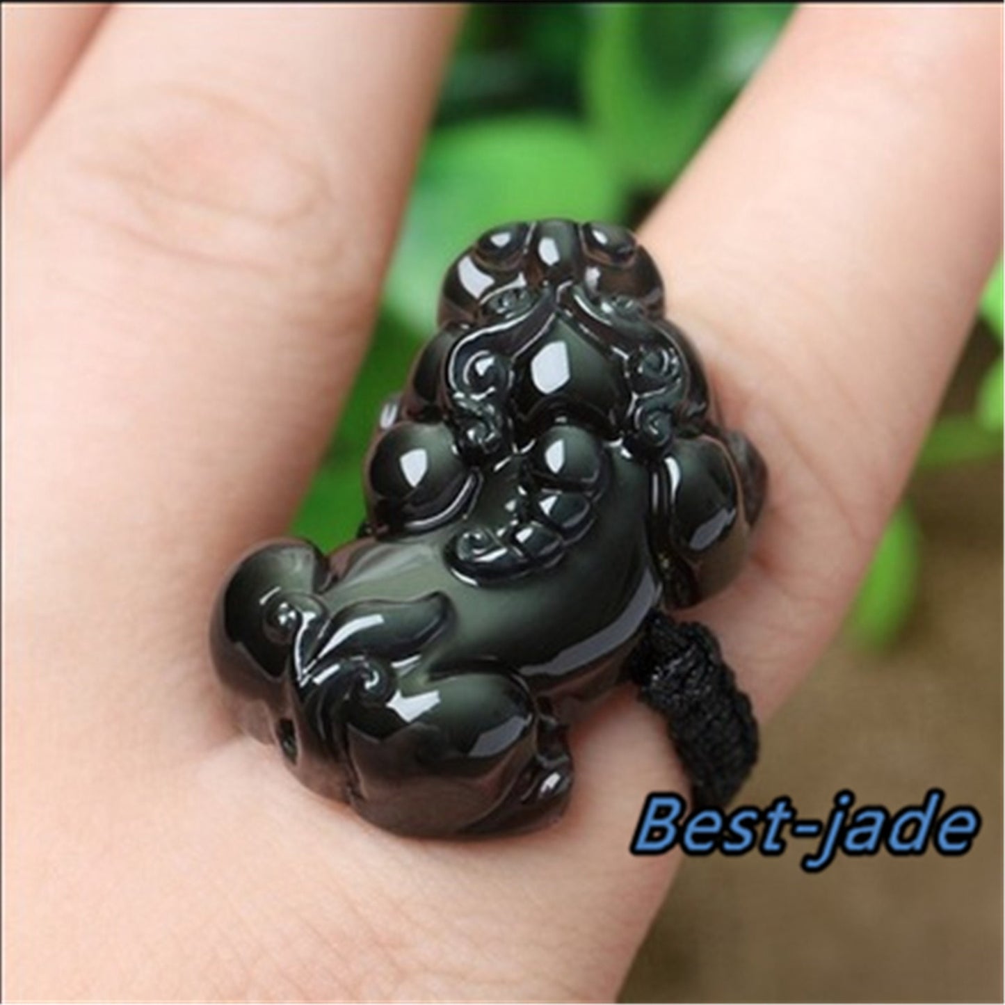 Nature Black Obsidian pixiu ring Hand carved Jade bead  gemstone Lady men Fingerring m.