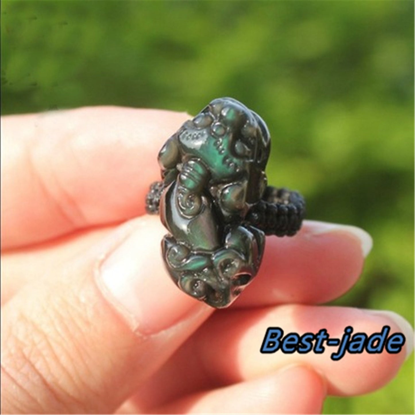 Nature Black Obsidian pixiu ring Hand carved Jade bead  gemstone Lady men Fingerring m.