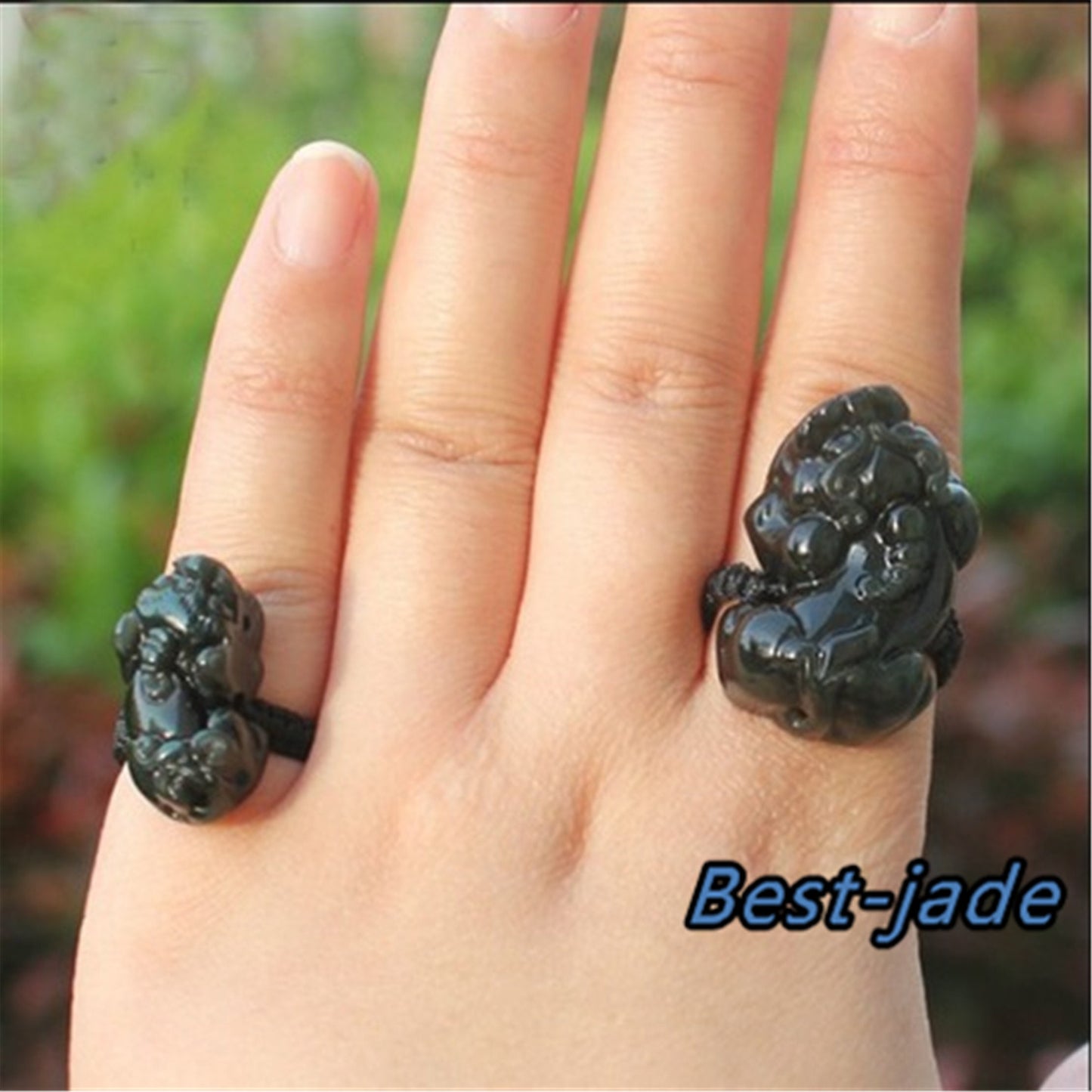 Nature Black Obsidian pixiu ring Hand carved Jade bead  gemstone Lady men Fingerring m.