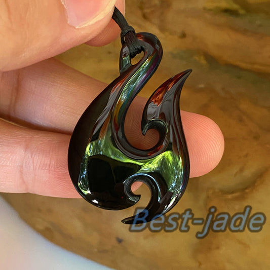 Natural Australian Black green Nephrite Jade Pendant Maori Style Greenstone Fish Hook Hand carved Men Necklace