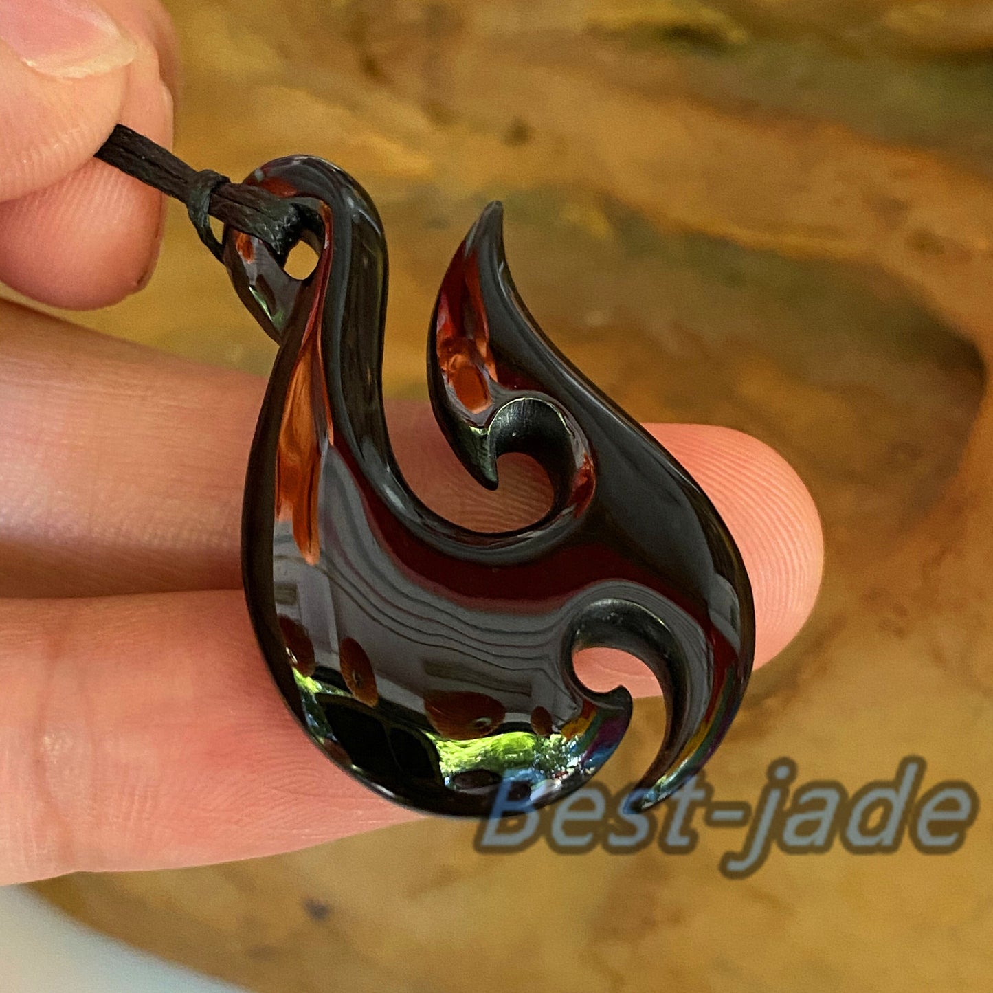 Natural Australian Black green Nephrite Jade Pendant Maori Style Greenstone Fish Hook Hand carved Men Necklace