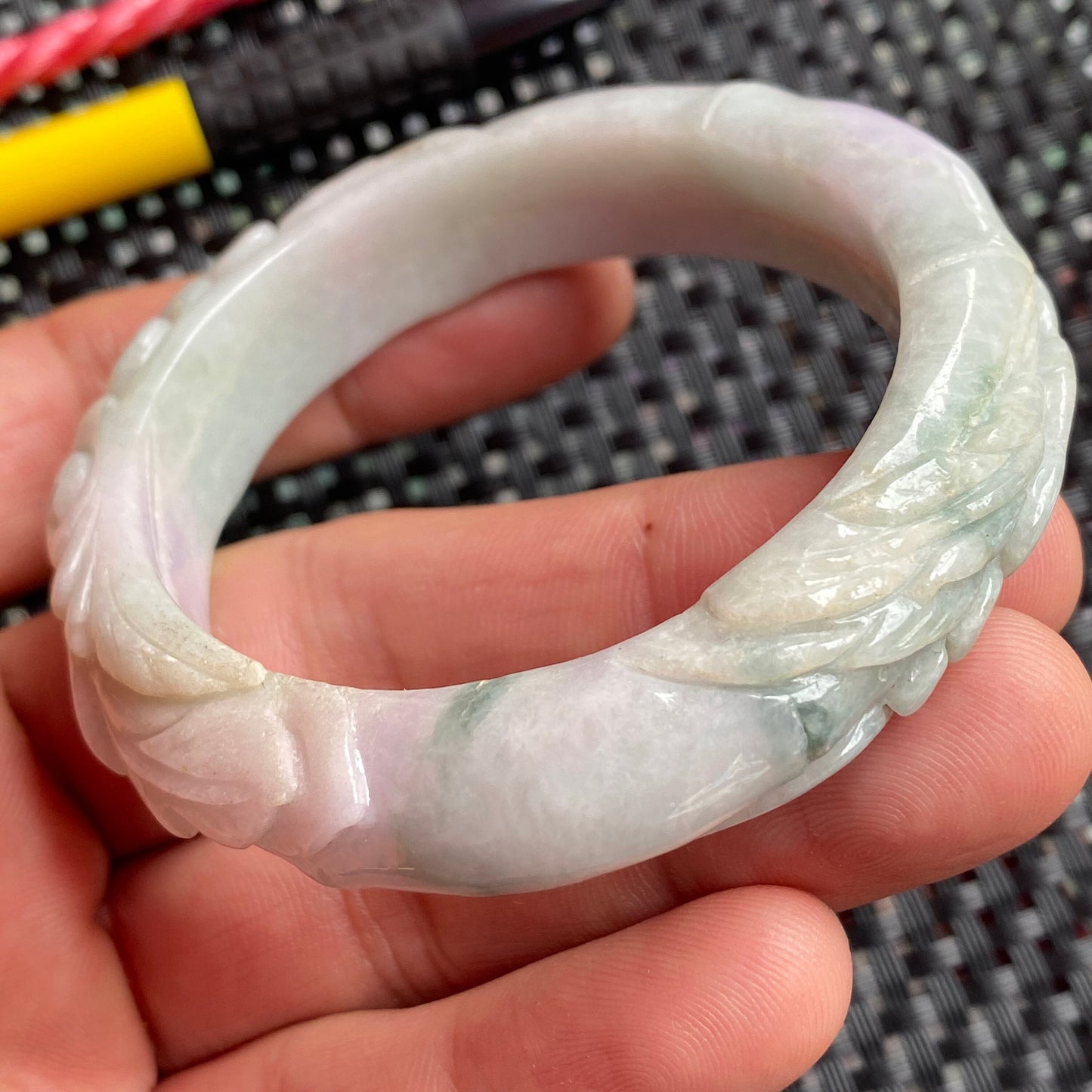 54.5mm Natural Green Grade A Jade Carved Round bangle Myanmar jadeite Lady Bracelet Type A stone female bangle