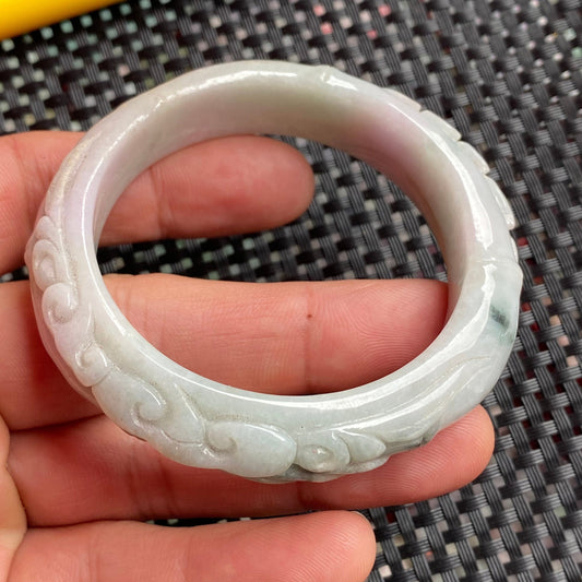 54.5mm Natural Green Grade A Jade Carved Round bangle Myanmar jadeite Lady Bracelet Type A stone female bangle