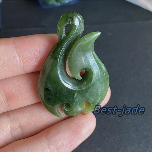 Custom Natural Green Nephrite Jade Pendant NEW ZEALAND Maori Style Greenstone Pounamu Canadian jasper Koru Fish Hook Necklace