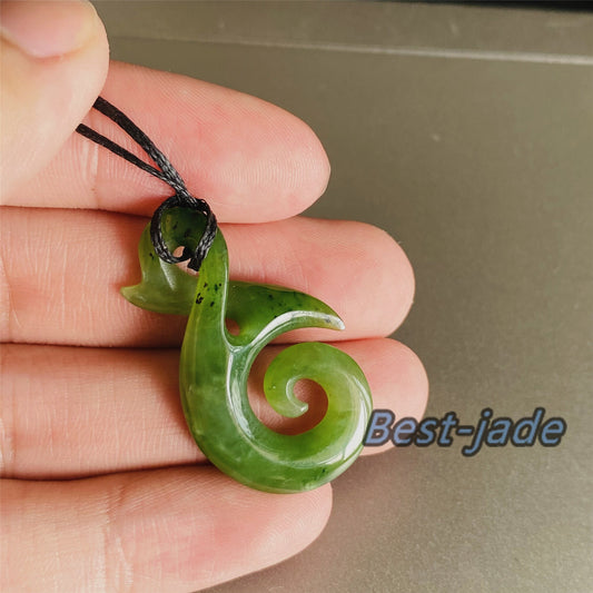 Custom Natural Green Nephrite Jade Pendant NEW ZEALAND Maori Style Greenstone Pounamu Canadian jasper Koru Fish Hook Necklace