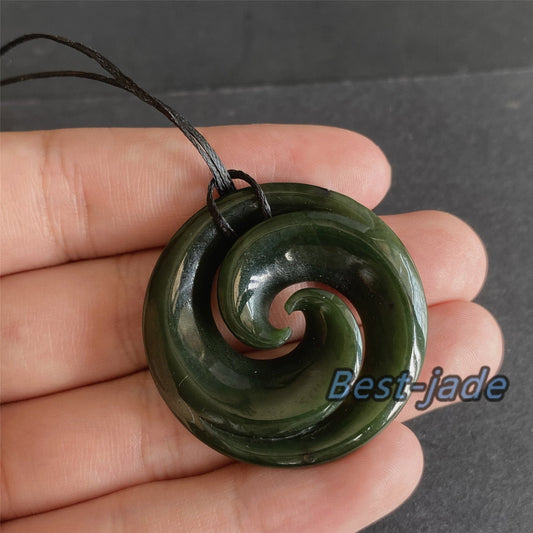 Double hook Natural Green Nephrite Jade Pendant NEW ZEALAND Maori Style Greenstone Pounamu Canadian JADE Koru Round Disc Hook Necklace