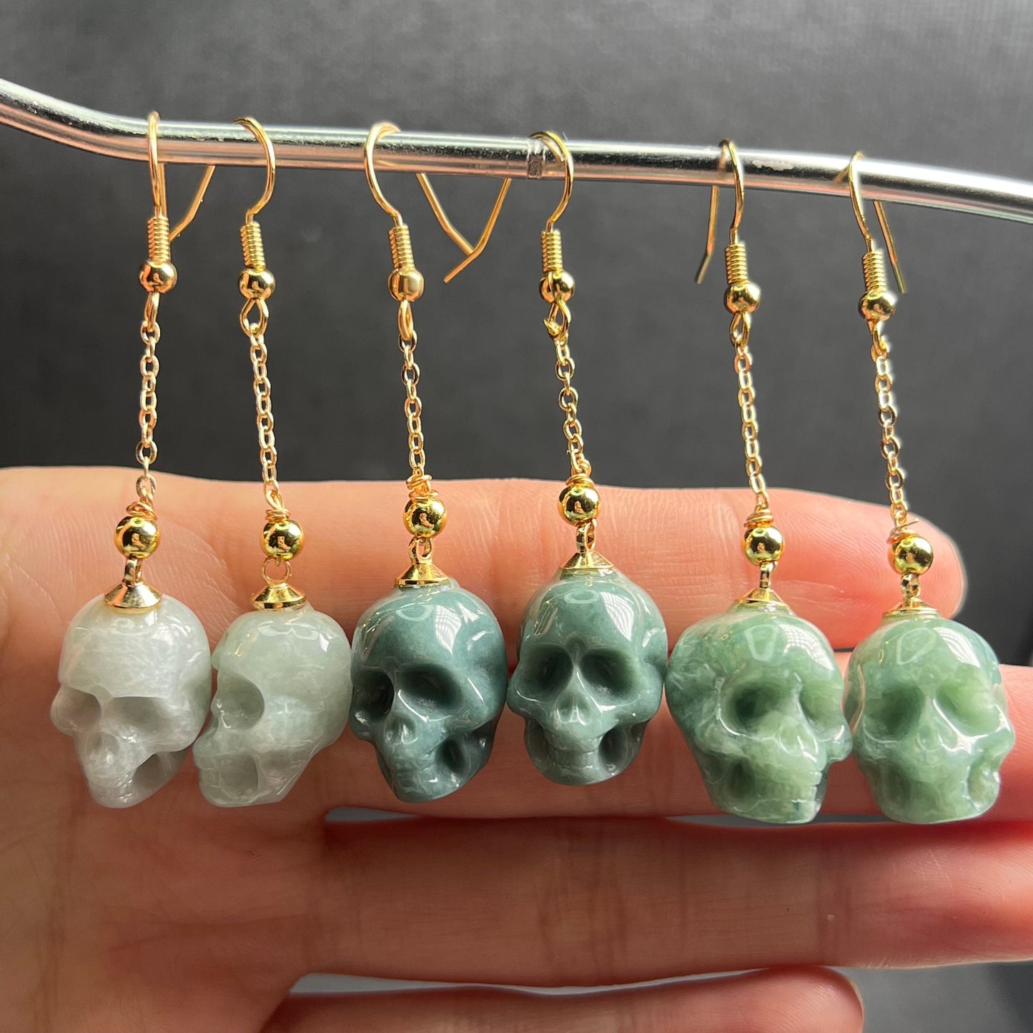 3Colors Skull Natural jadeite Transparent eardrop jade Earrings with gold plated bail Blue Jade Grade A jade Jewelry Halloween gift for her