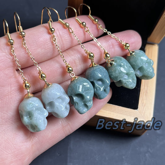 3Colors Skull Natural jadeite Transparent eardrop jade Earrings with gold plated bail Blue Jade Grade A jade Jewelry Halloween gift for her