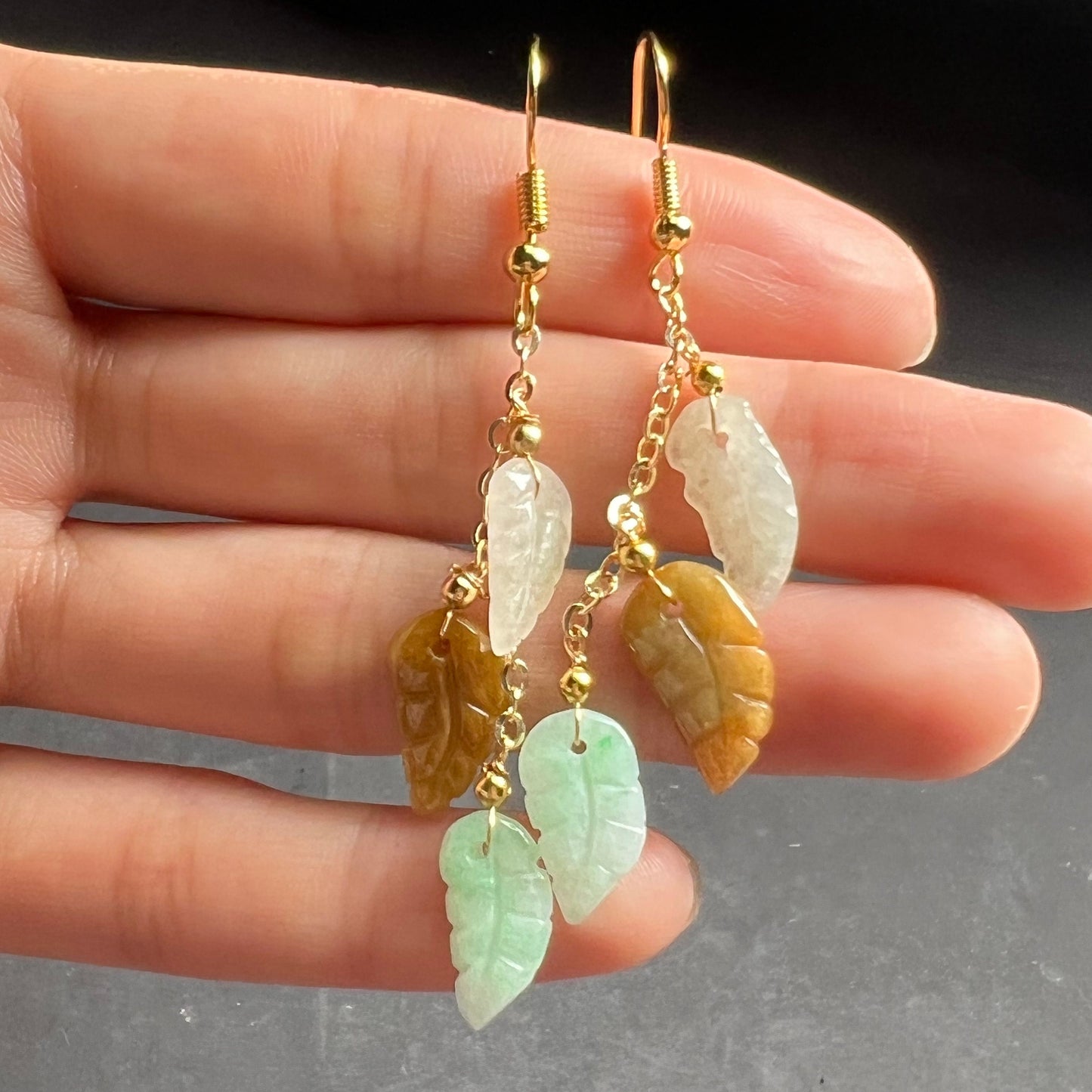 Natural jadeite Leaf eardrop jade Earrings with gold plated bail Burma Jade Grade A jade earbob jade loose beads Jewelry gift for her