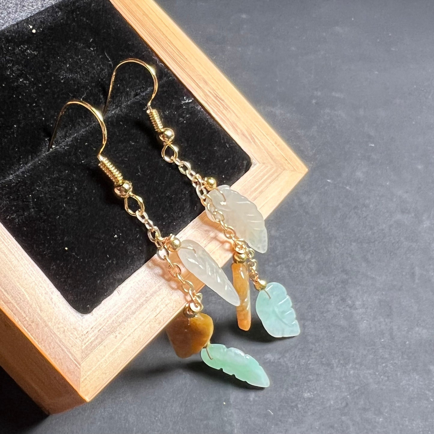 Natural jadeite Leaf eardrop jade Earrings with gold plated bail Burma Jade Grade A jade earbob jade loose beads Jewelry gift for her